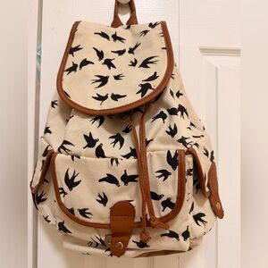 Stylish Bird Print Backpack with Brown Accents